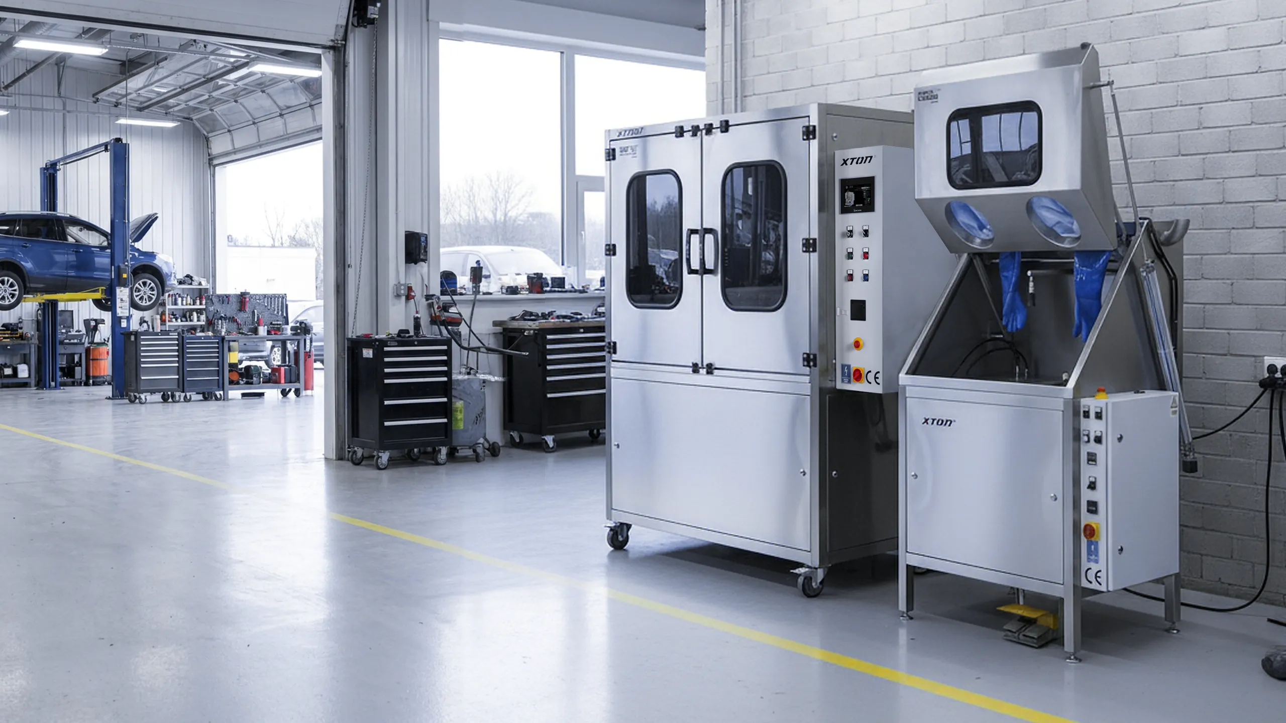 Machines XTON de lavage de pièces et de sablage dans un garage